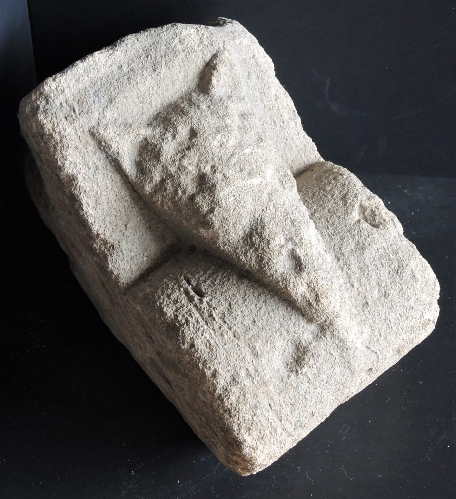 A photo of a ‘beakhead voussoir’, which is a type of stone used to construct an arch, from a doorway of Eynsham Abbey
