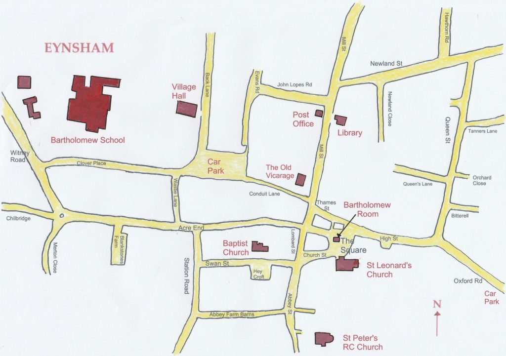 A map of Eynsham showing the location of the Bartholomew Room in the Square