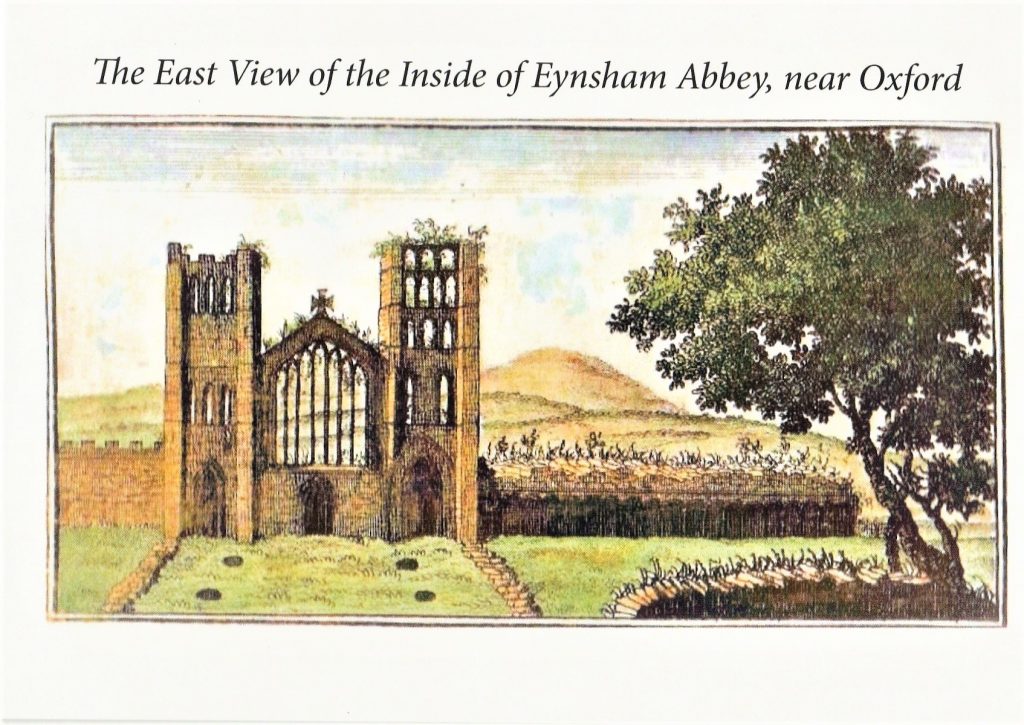Postcard of an painting depicting the east view of the inside of Eynsham Abbey
