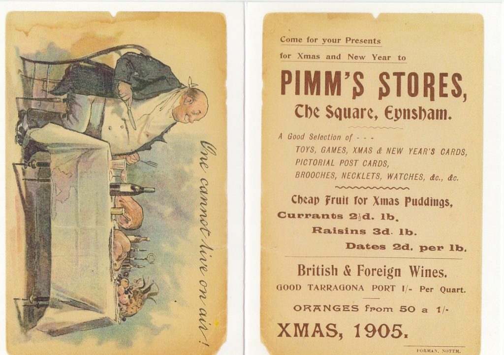 Postcard of an advertisement for Pimms Stores in Eynsham, dating from 1905