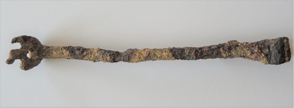 Medieval padlock key made of iron. Found in the foundations of the collapsed wall of the Eynsham Co-op in 2014.