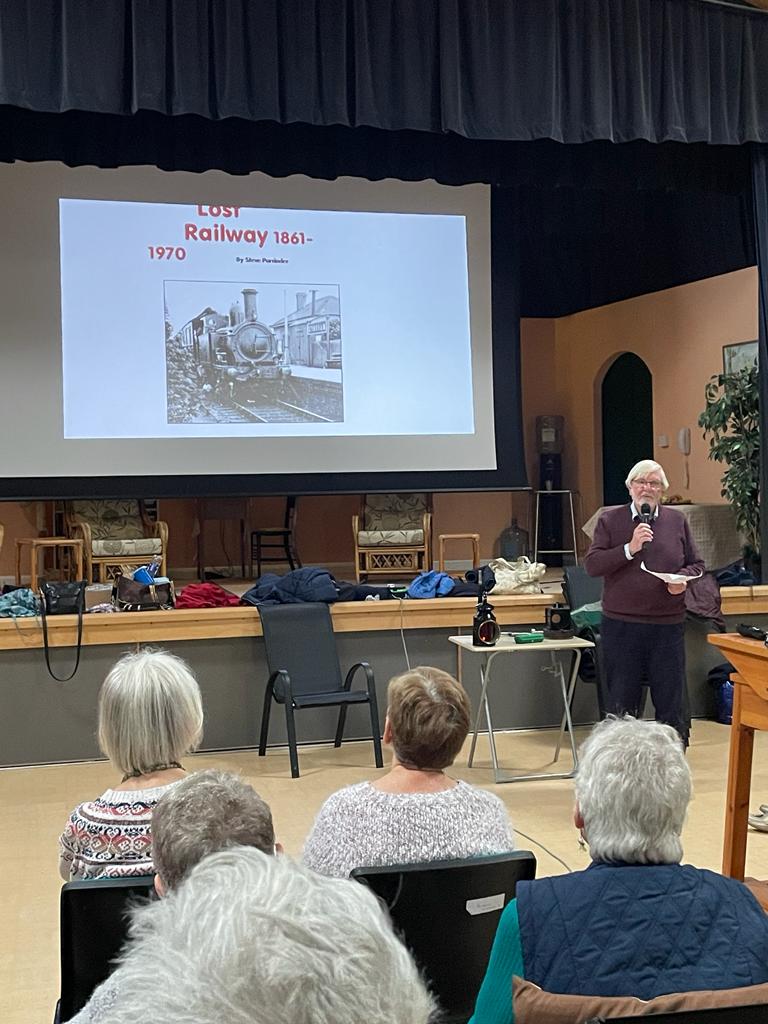 Senior citizens watch an Eynsham Museum talk on Eynsham’s Lost Railway in the Village Hall.