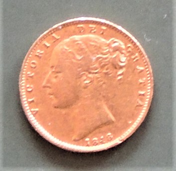 Gold sovereign showing the head of the young Queen Victoria, dated 1846.