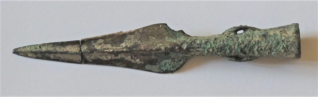 A Middle Bronze Age (c. 1500 BCE) spearhead. The spear is intact, but in two parts.