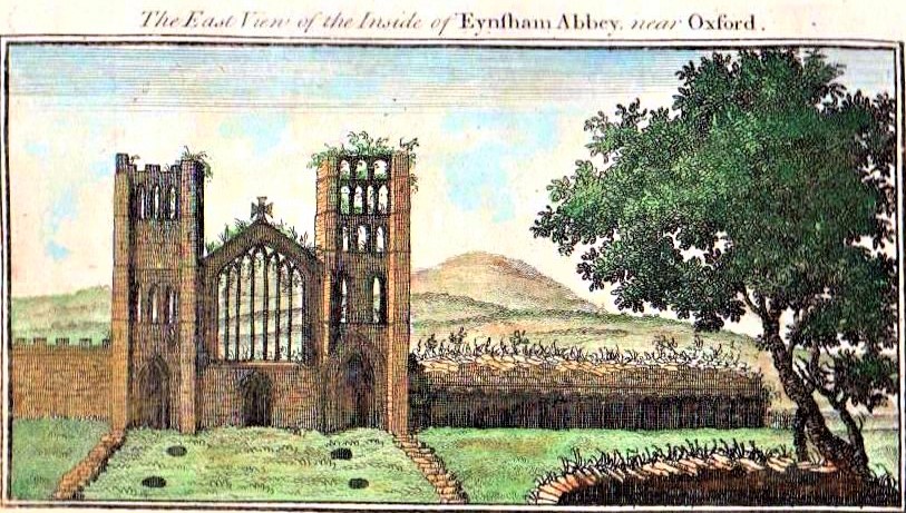 Hand-coloured engraving by S. & N. Buck, 1729, of the ruins of the interior of Eynsham Abbey.